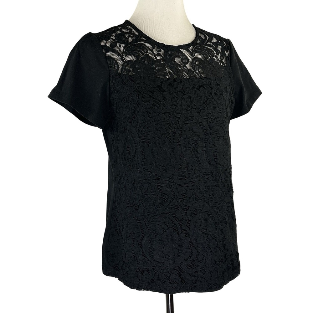 Coldwater Creek‎ Blouse Black Lace Front Overlay Short Sleeve Top Women's M